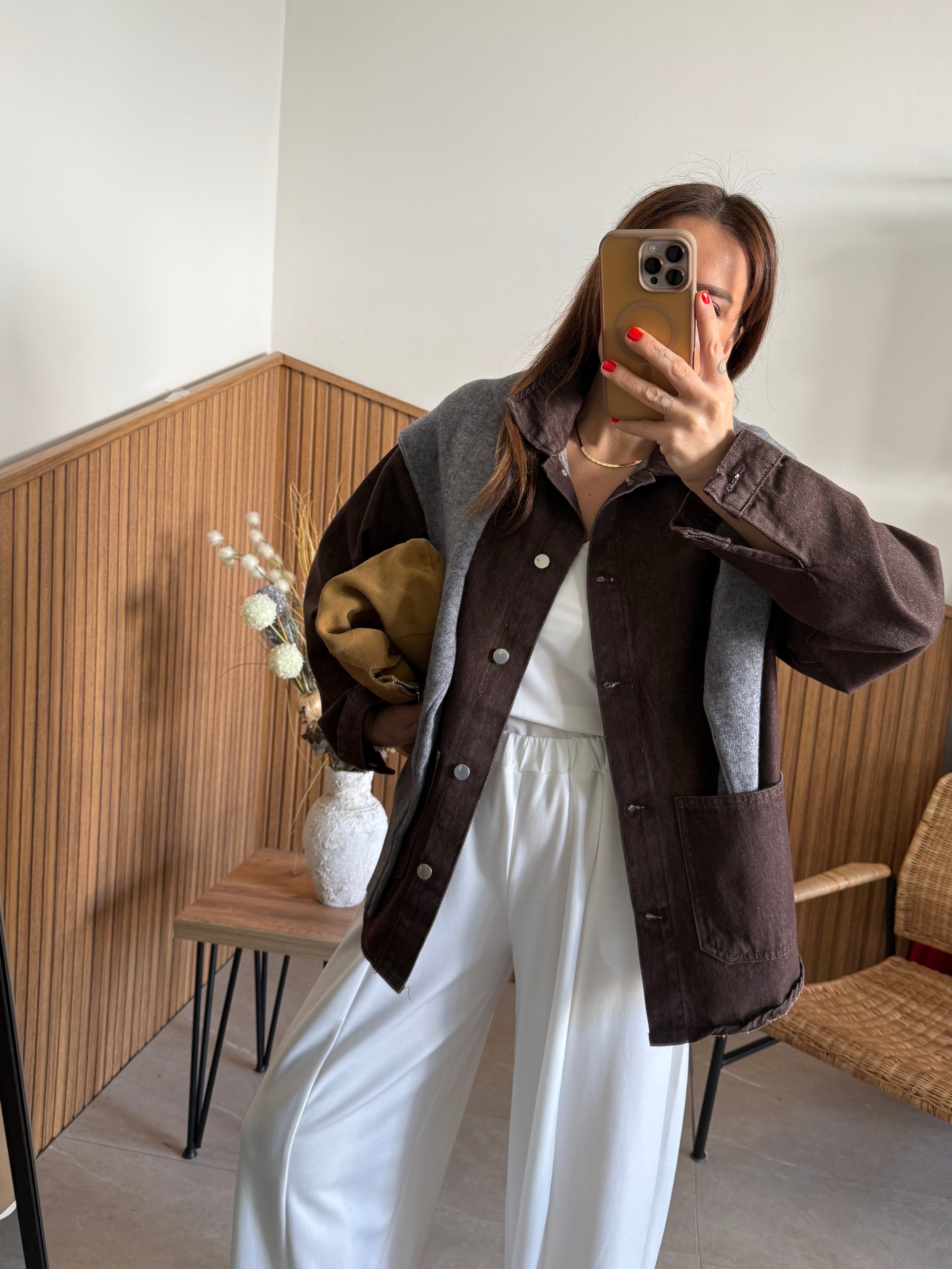Kahve Oversize Denim Gömlek 