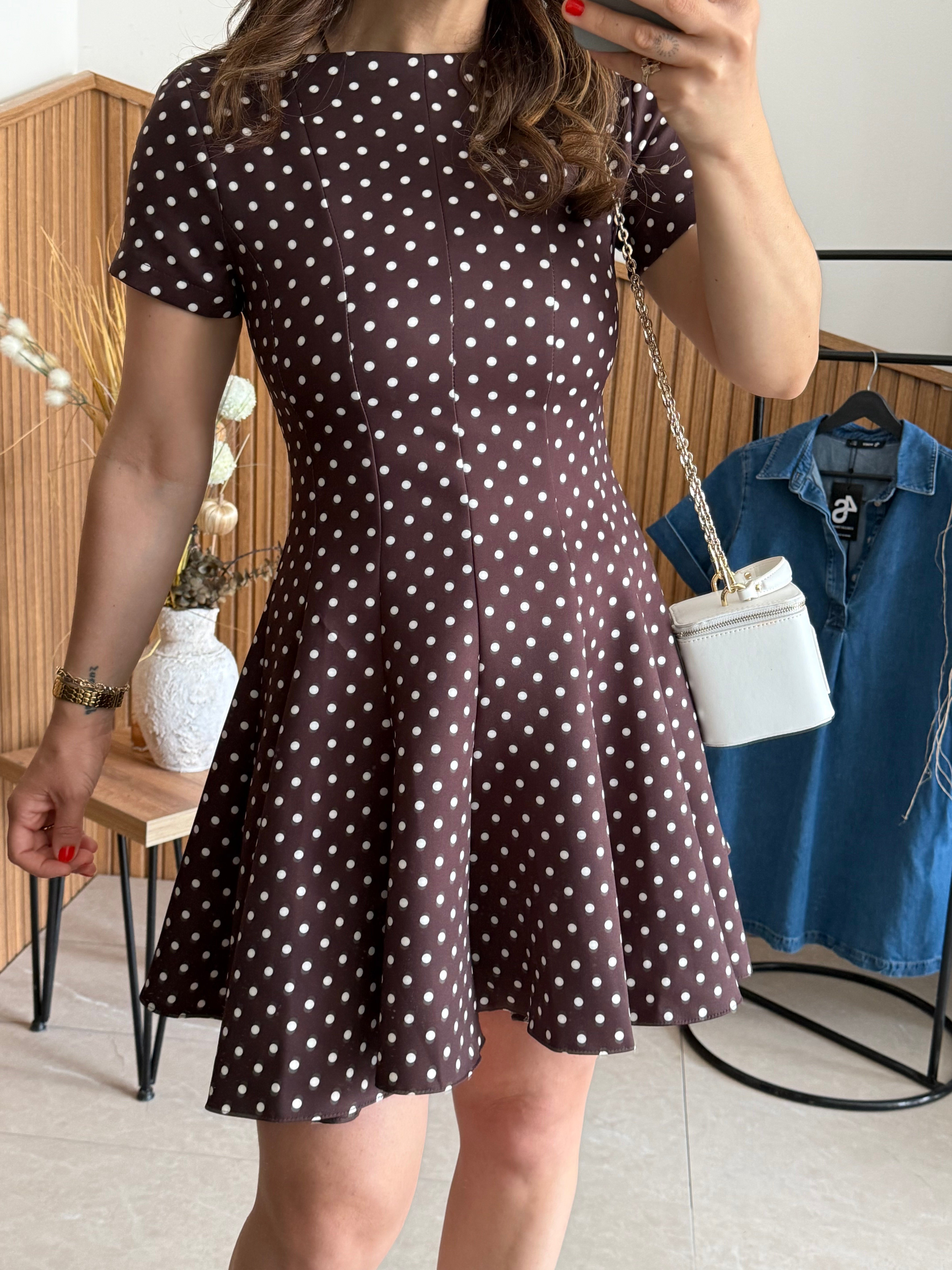 Kahve Puantiye Mini Elbise 