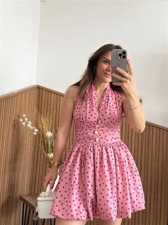 Pembe Kırmızı Puantiye Balon Elbise 