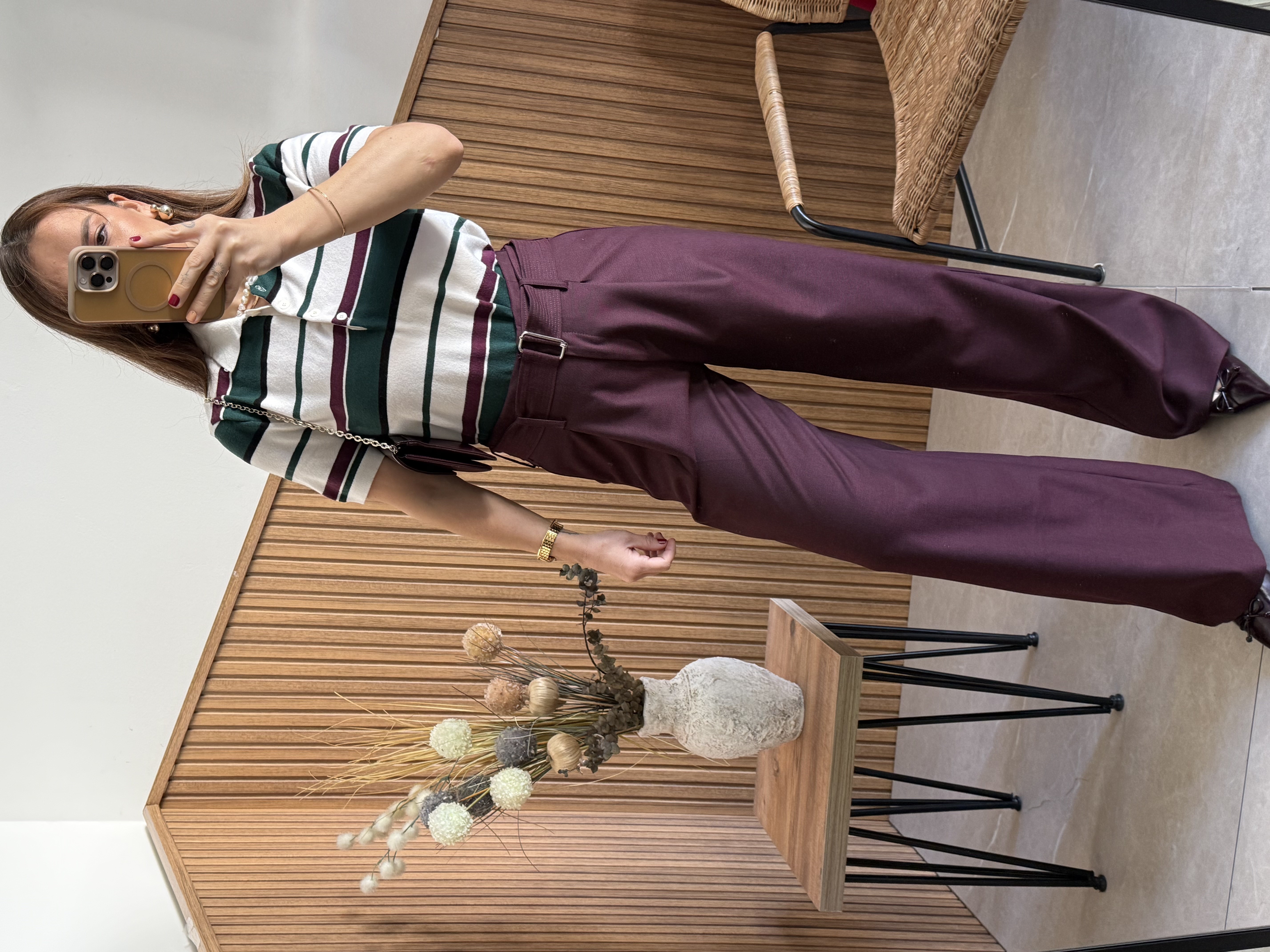 Bordo Kuşaklı Pantolon 