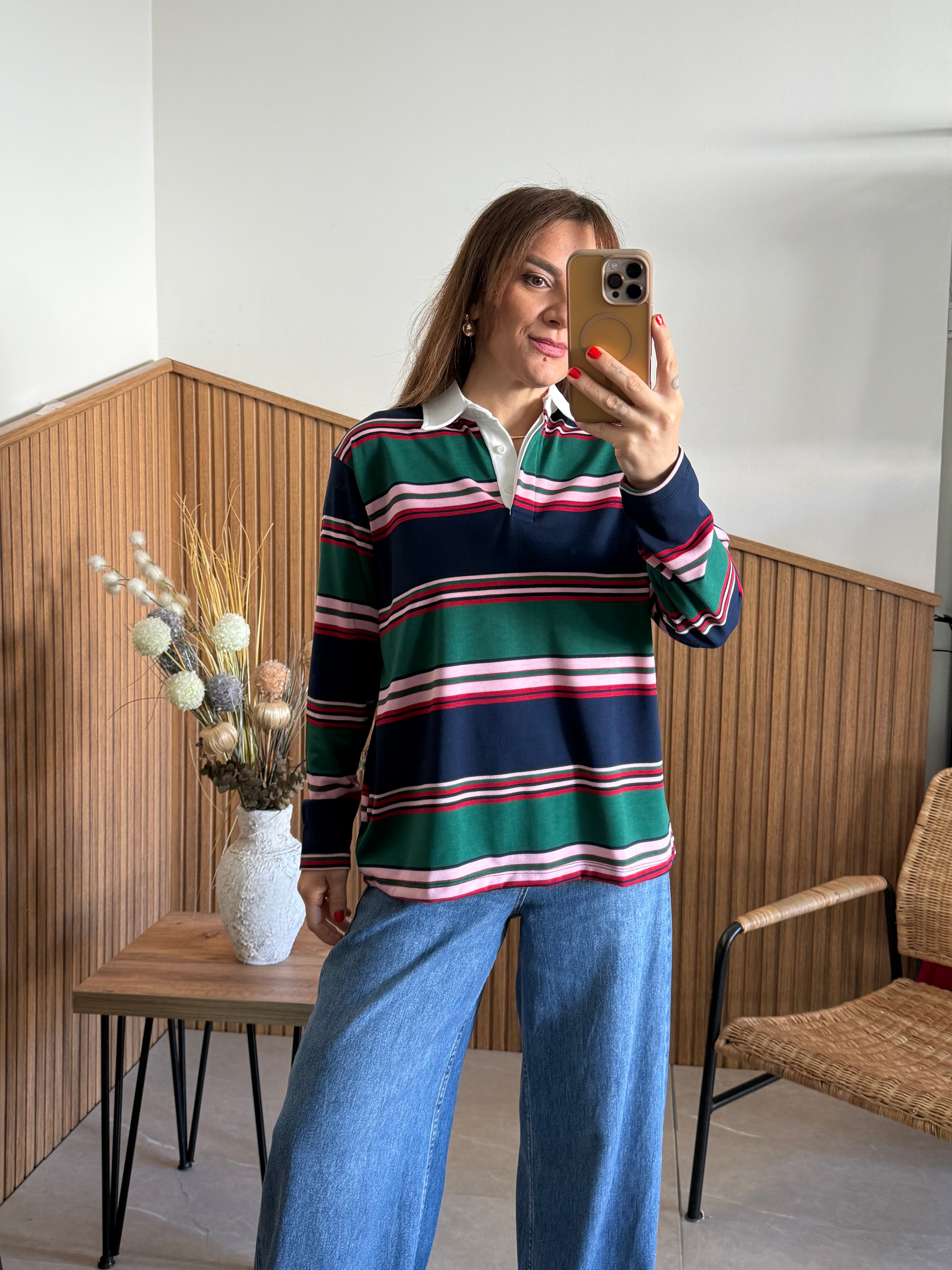 Gömlek Yaka Çizgili Oversize Basic 