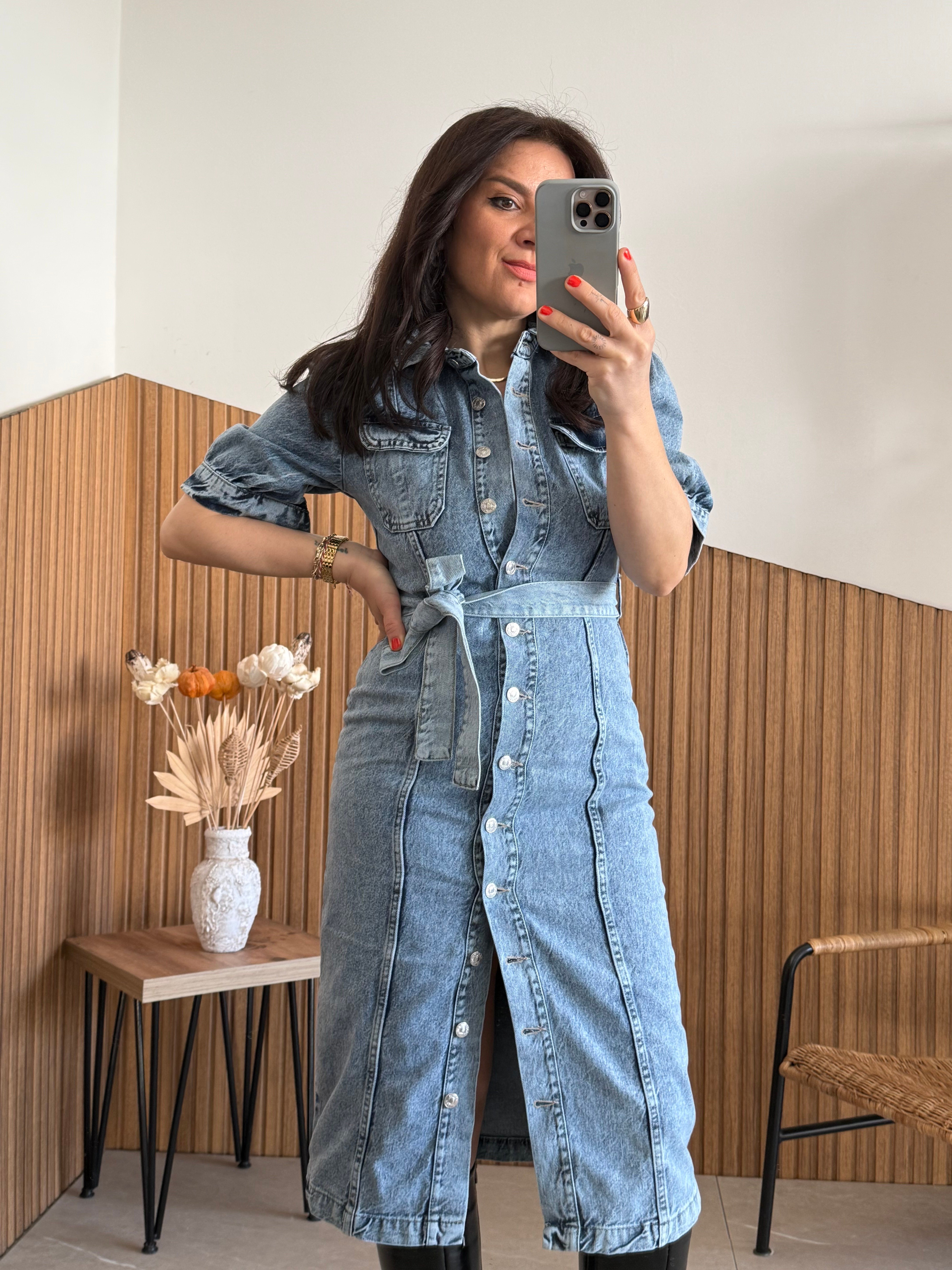 Kar Yıkama Açık Mavi Denim Elbise 
