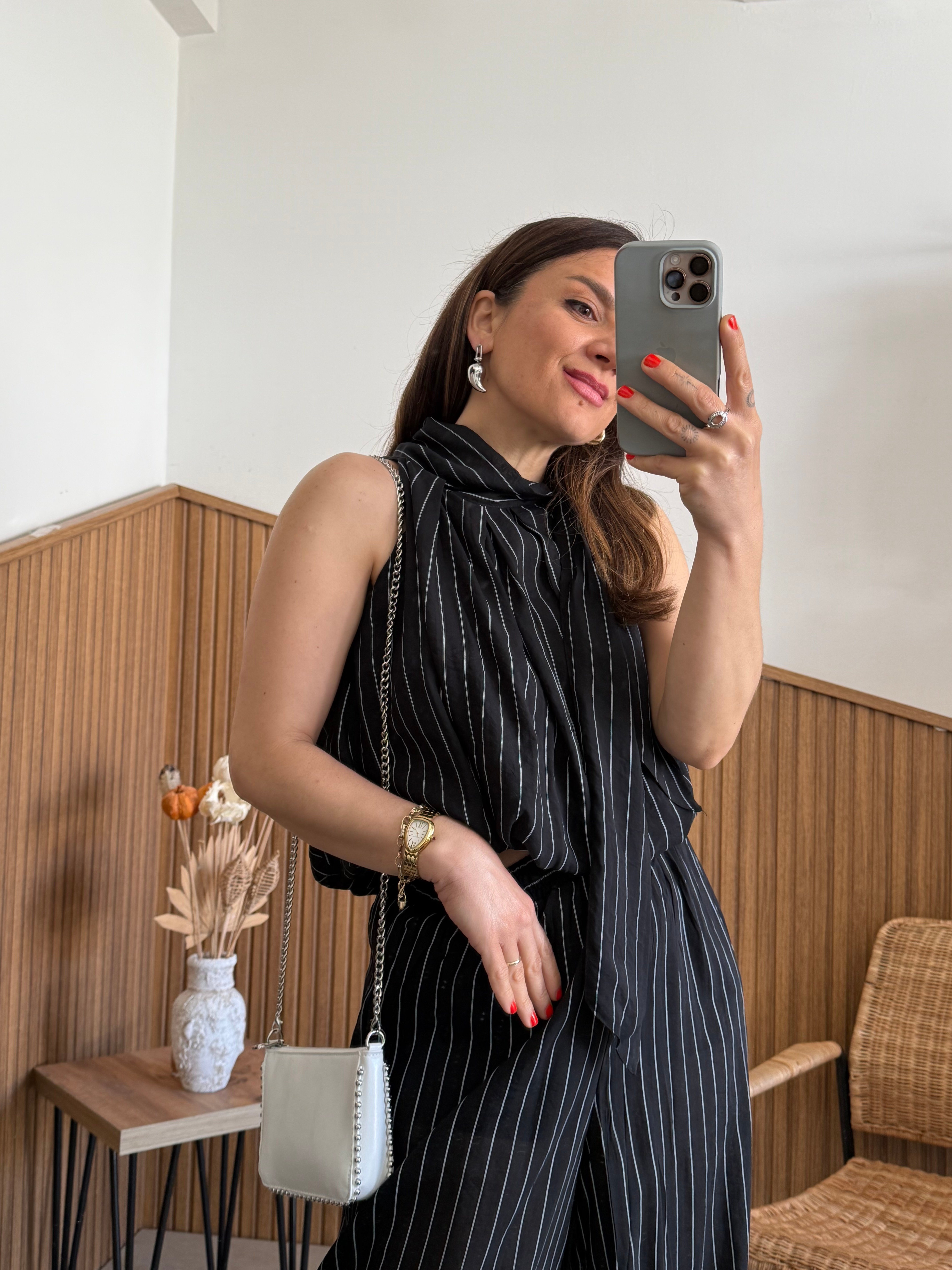 Premium Seri Pantolon Crop Çizgili Takım