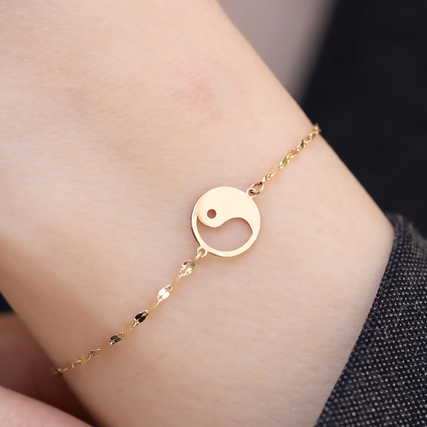 14 Ayar Altın Aynalı Zincir Yin Yang Bileklik