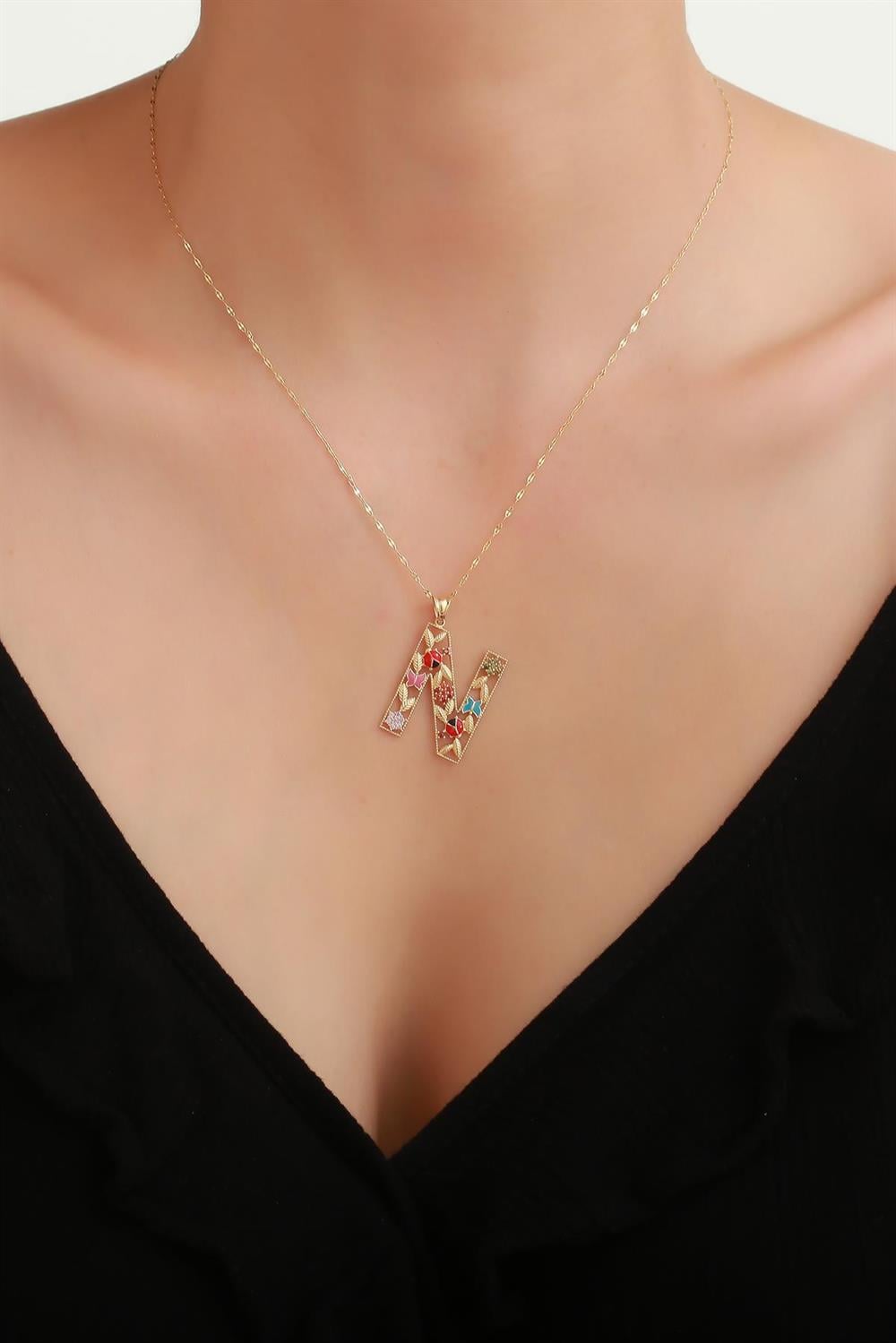 14 Ayar Altın N Harf Çiçek Kolye