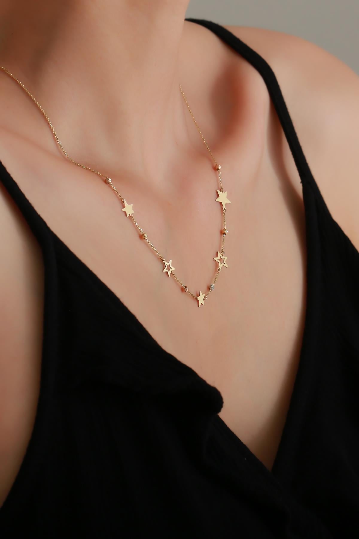 14 Ayar Altın Dorika ve Yıldızlı Minimal Kolye
