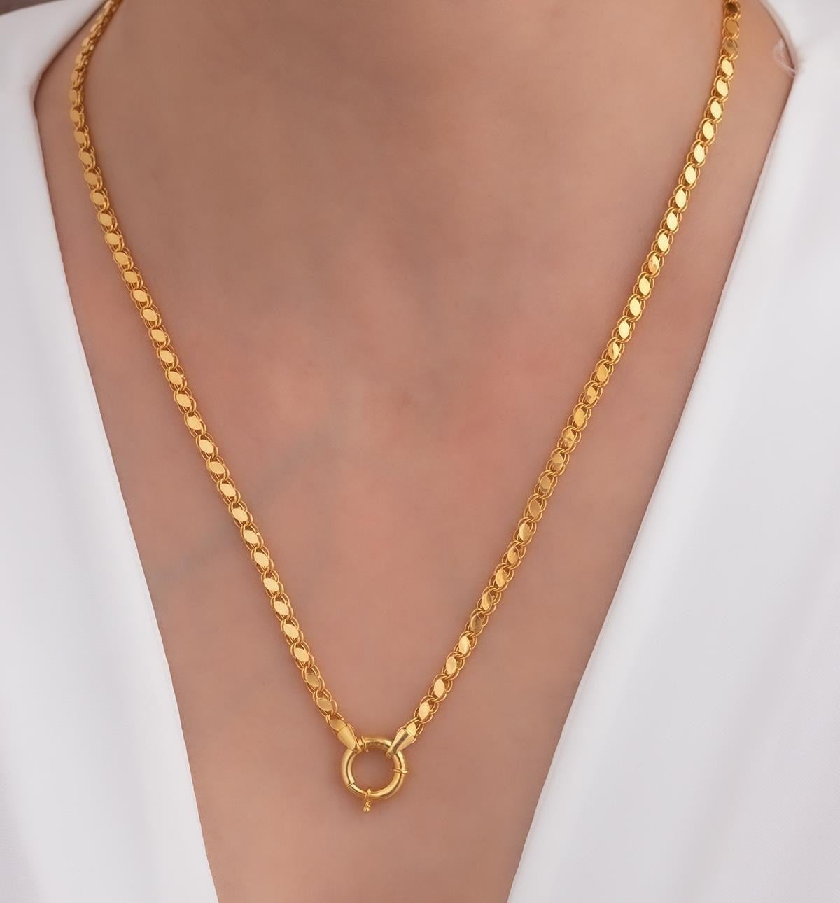 14 Ayar Altın Gemici Kilitli Pullu Halep Zincir Kolye 3mm