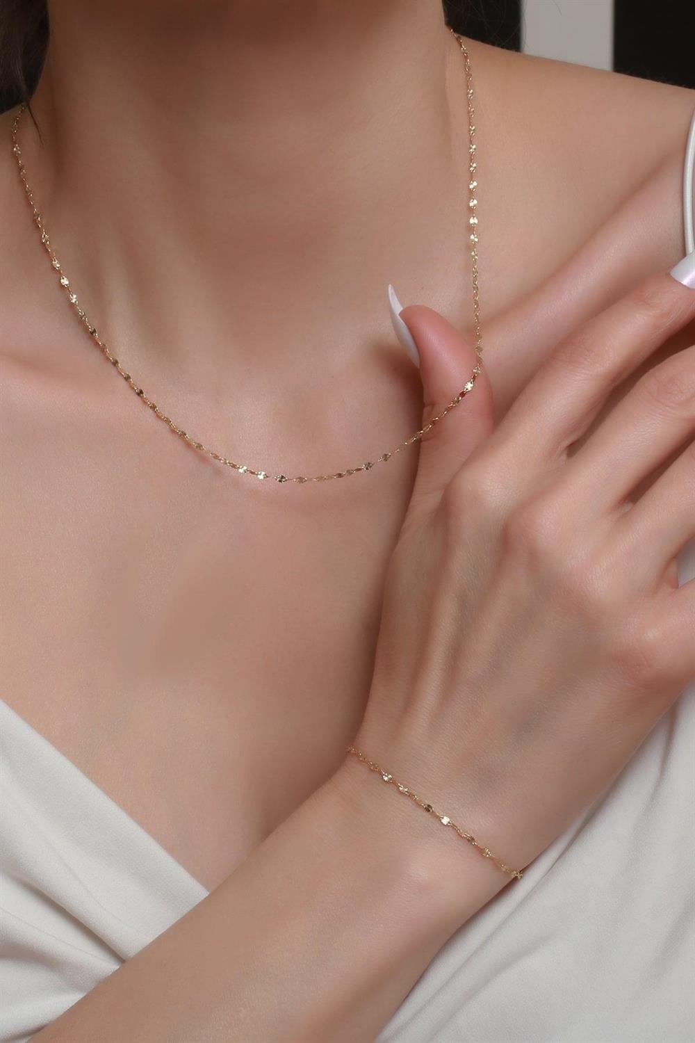14 Ayar Altın Kalın Aynalı Kolye ve Bileklik Seti 1,8 mm