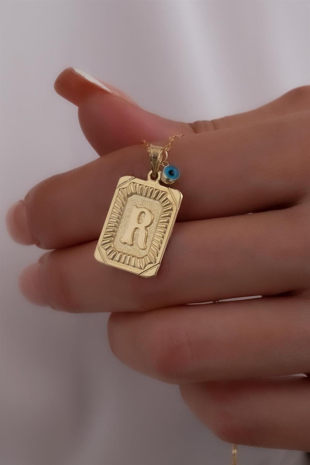 14 Ayar Altın R Harf Vintage Kolye