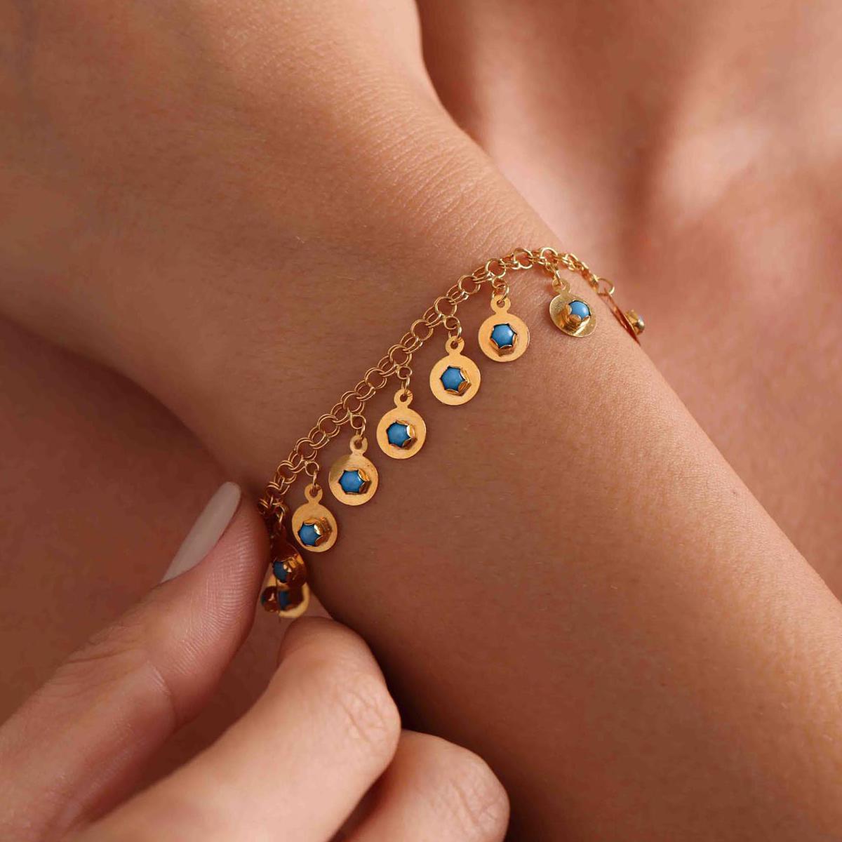 14 Ayar Altın Mavi Boncuklu Pullu Bileklik
