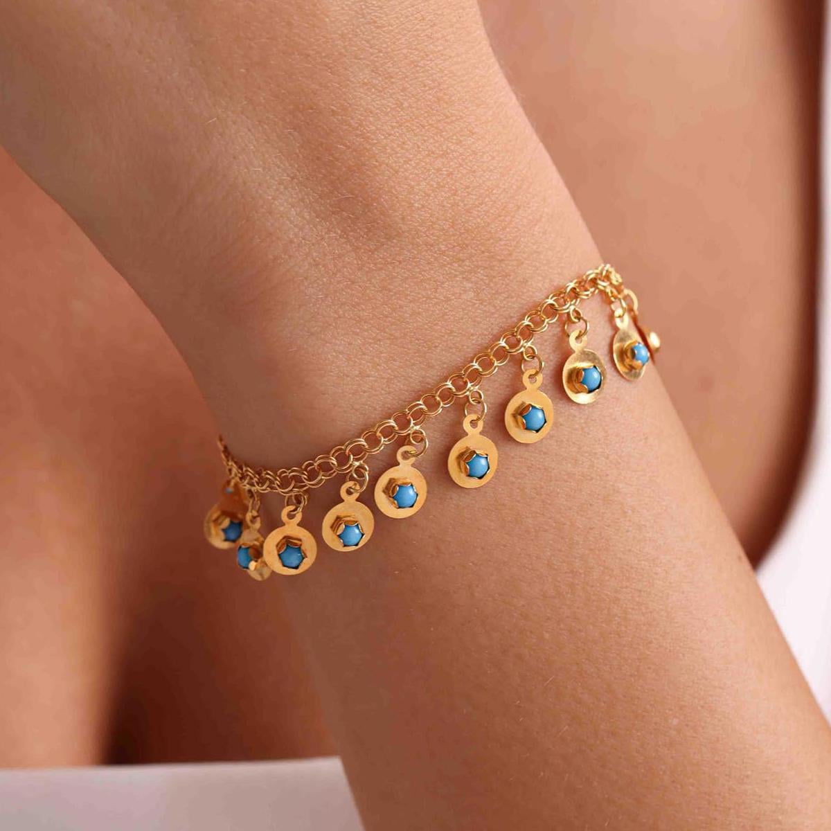 14 Ayar Altın Mavi Boncuklu Pullu Bileklik