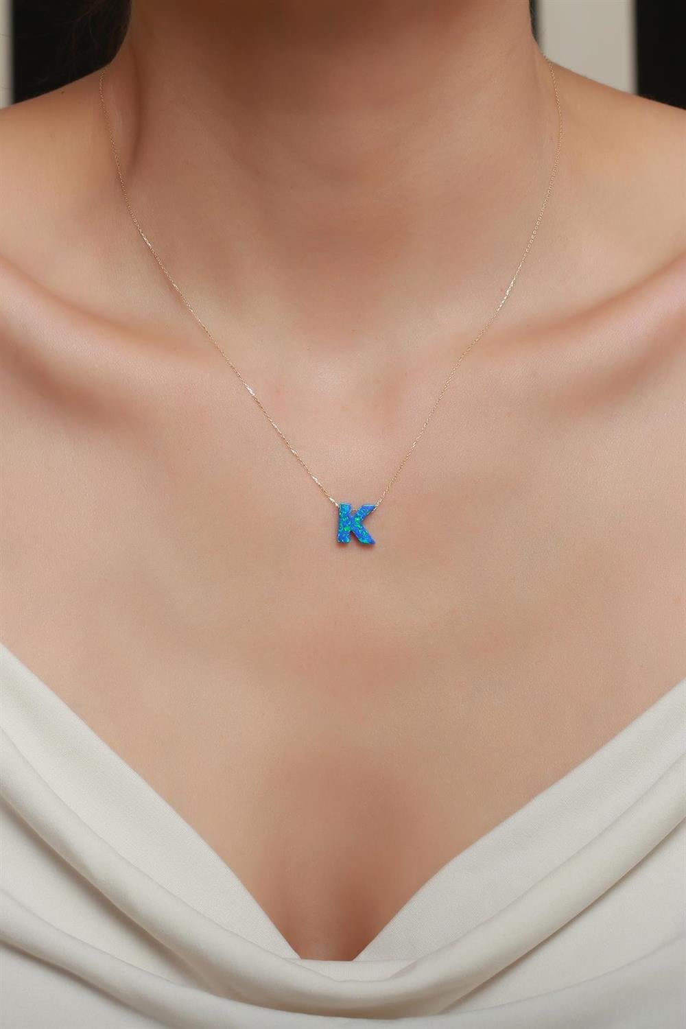 14 Ayar Altın Mavi Opal Taşlı K Harf Zincir Kolye