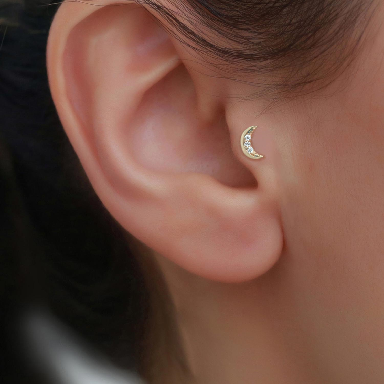 14 Ayar Altın Taşlı Hilal Tragus Piercing
