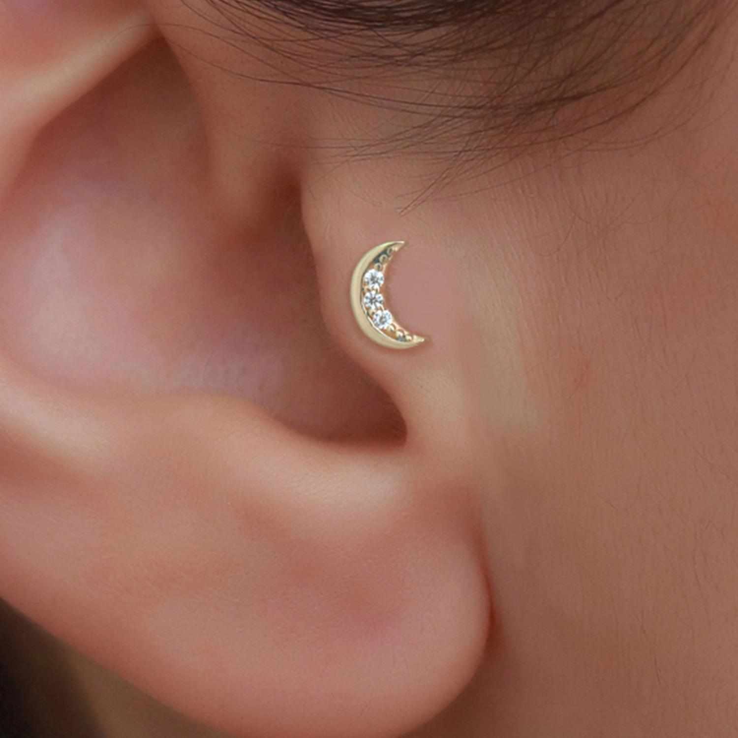 14 Ayar Altın Taşlı Hilal Tragus Piercing