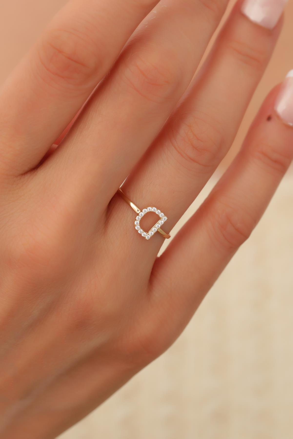14 Ayar Altın Taşlı Minimal D Harfi Yüzük