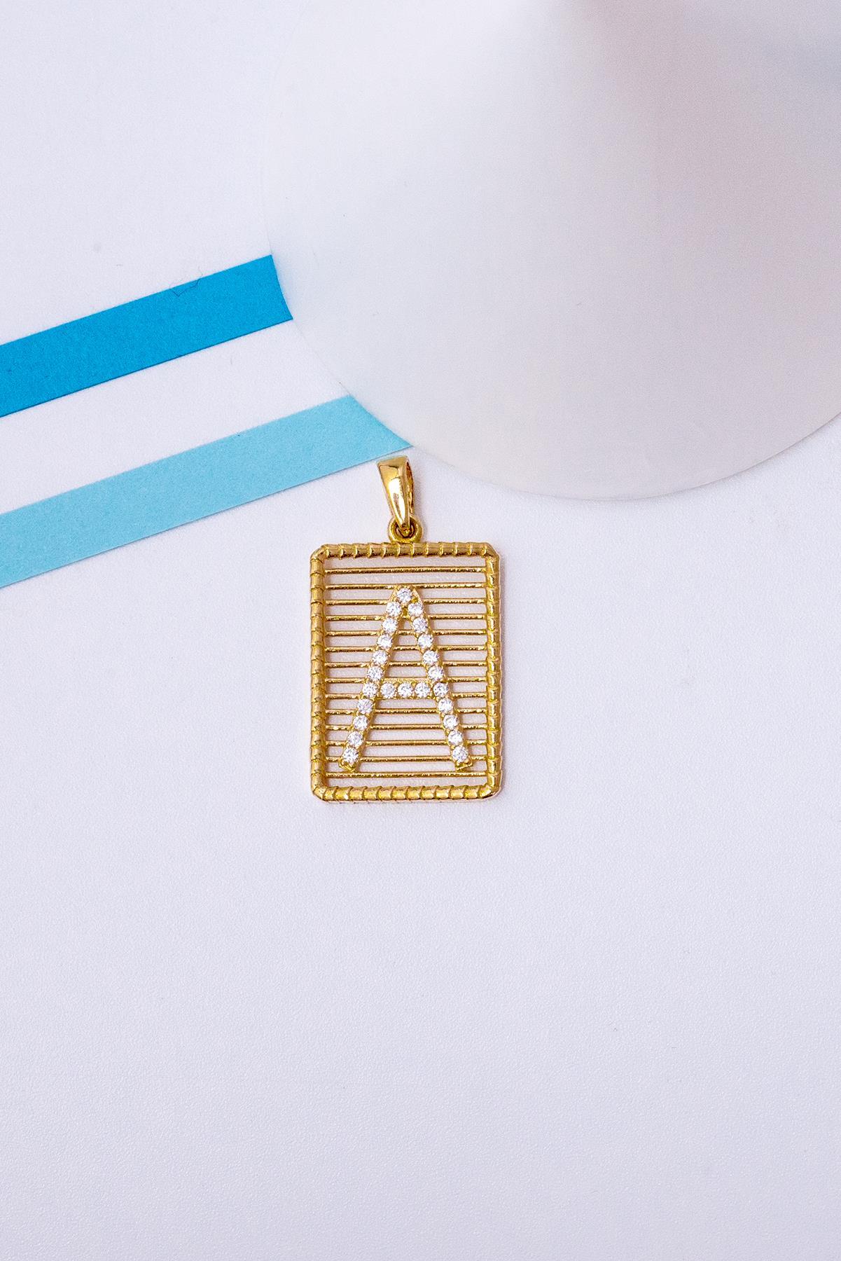 14 Ayar Altın A Harf Telli Taşlı Kolye Ucu