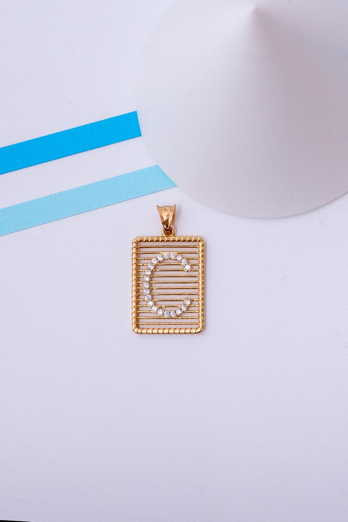 14 Ayar Altın C Harf Telli Taşlı Kolye Ucu