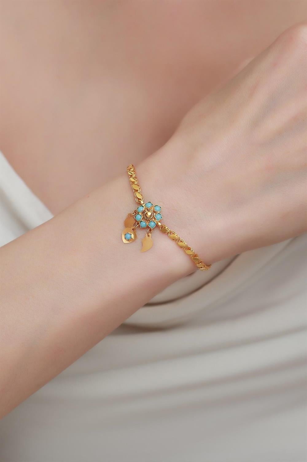 14 Ayar Altın Turkuaz Papatya Halep Bileklik