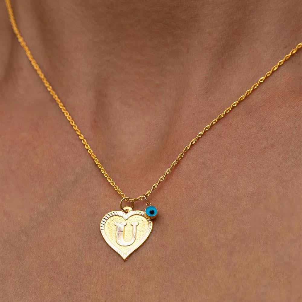 14 Ayar Altın U Harf Kalp Kolye