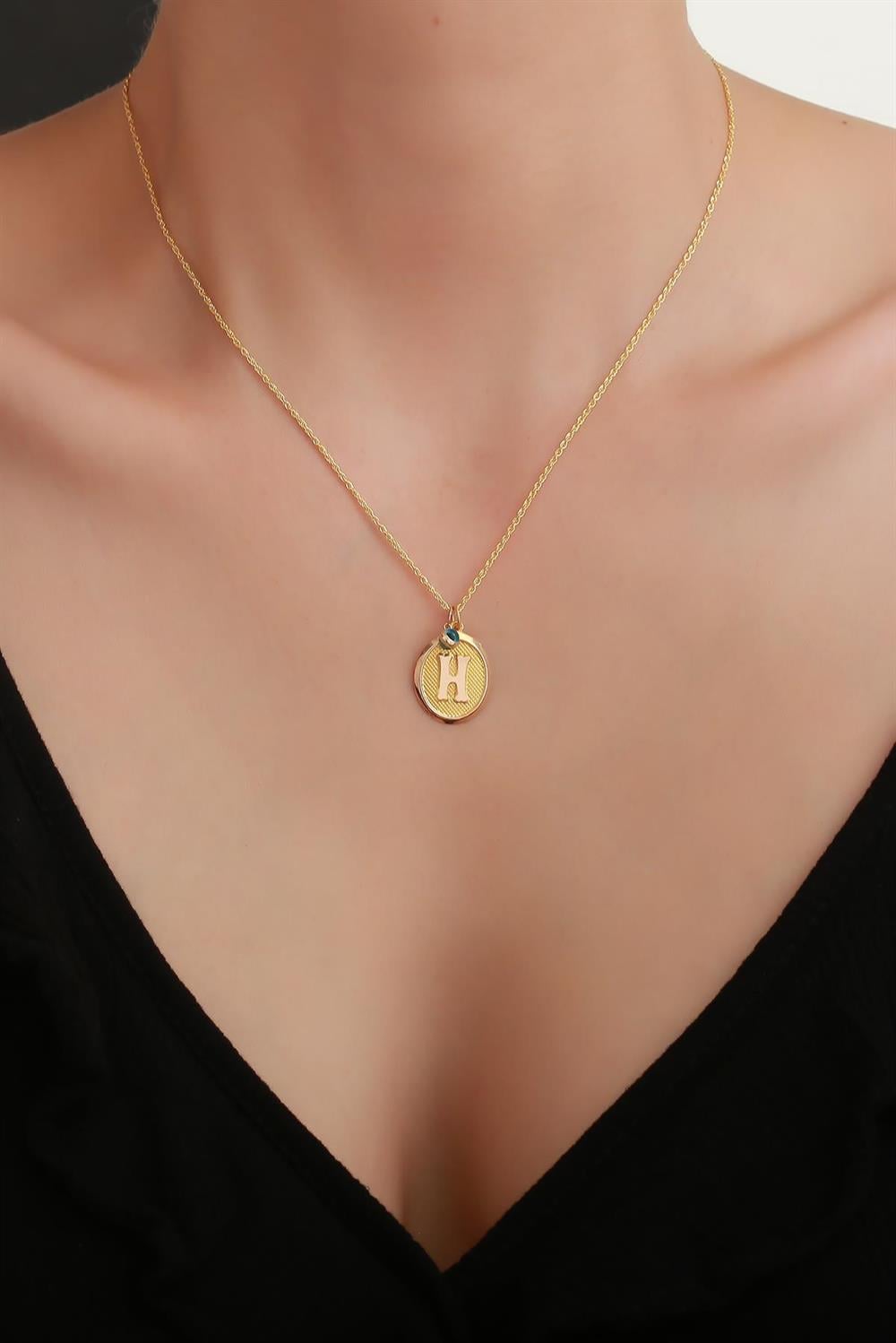 14 Ayar Altın H Harf Oval Kolye