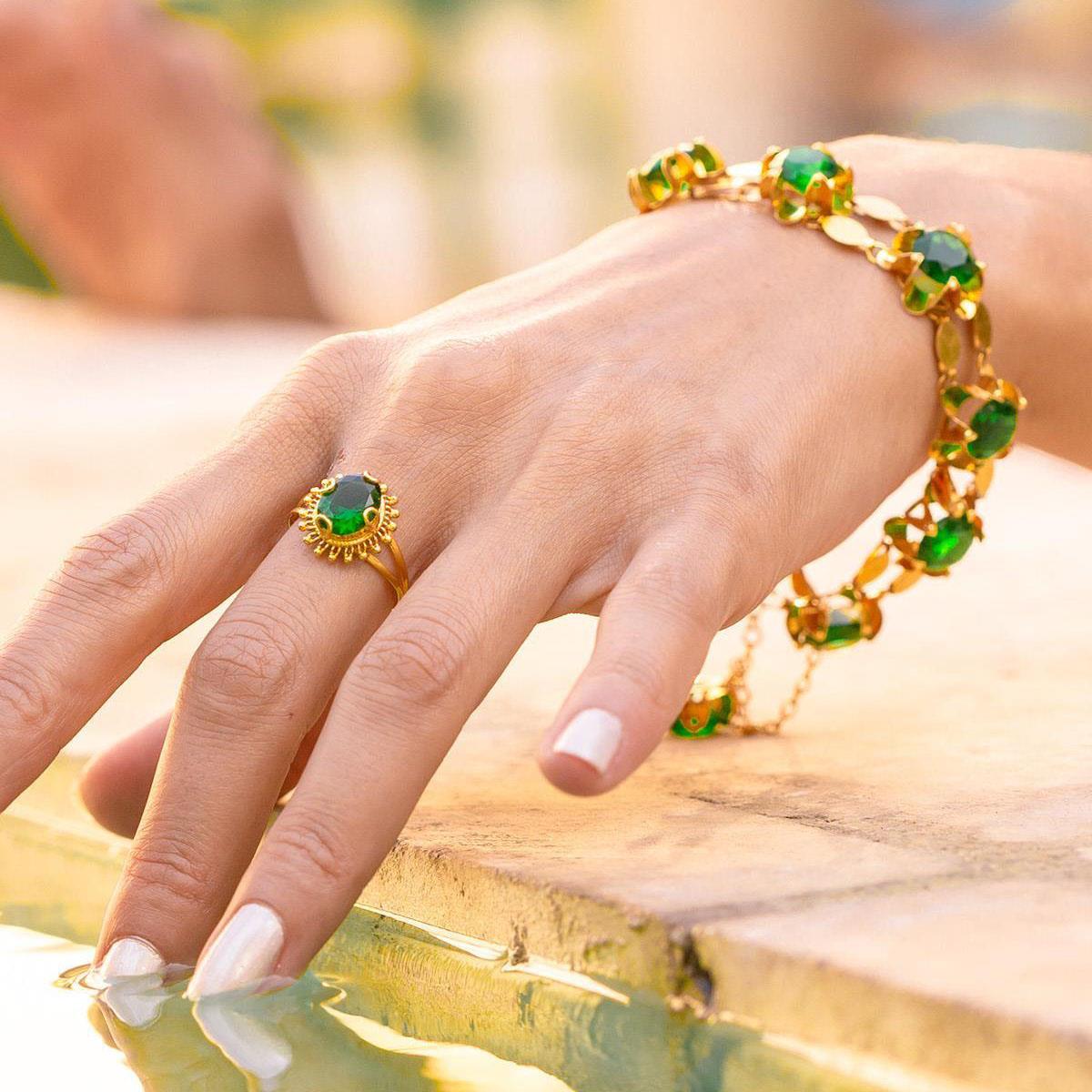 14 Ayar Altın Yeşil Akik Taşlı Telkari Bileklik