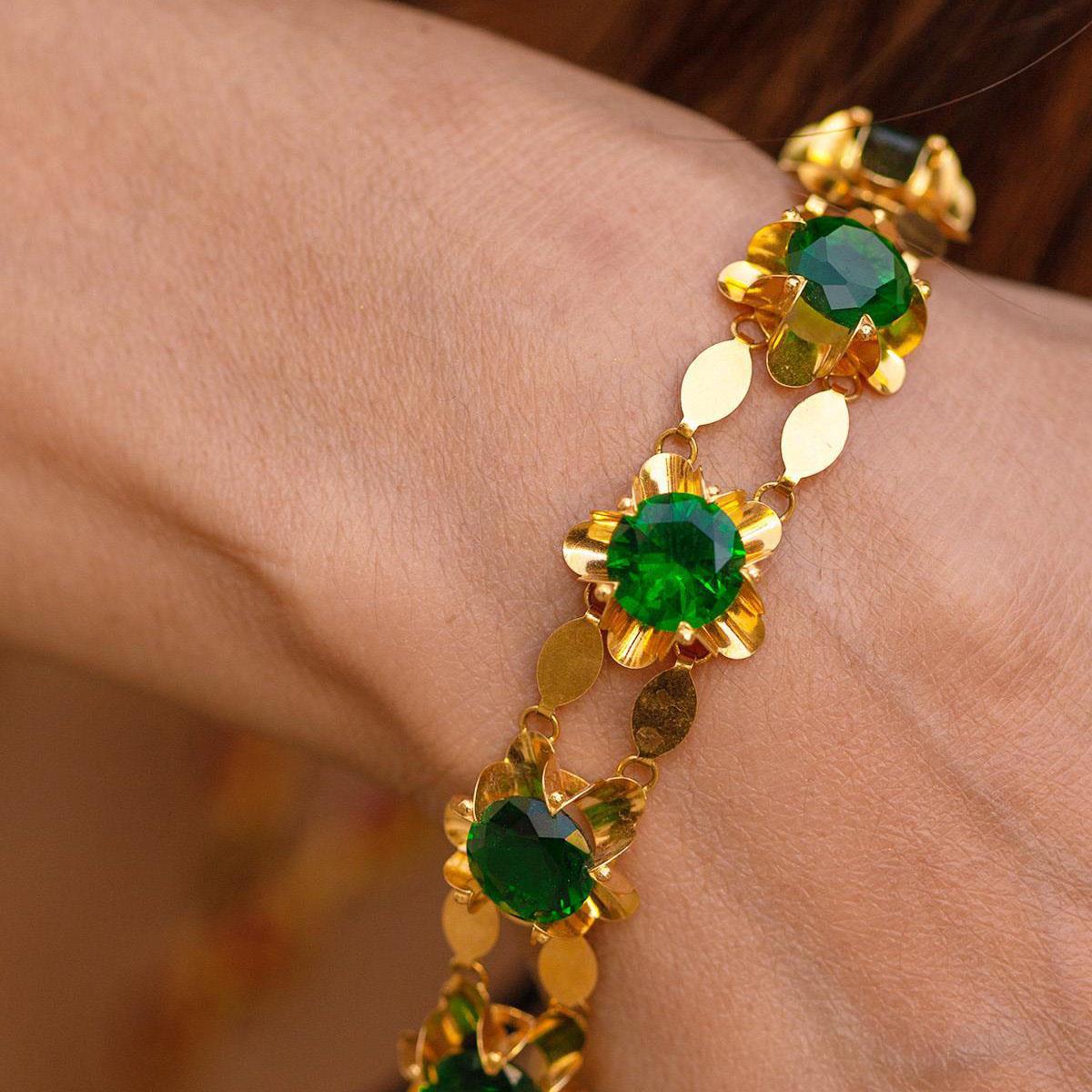 14 Ayar Altın Yeşil Akik Taşlı Telkari Bileklik