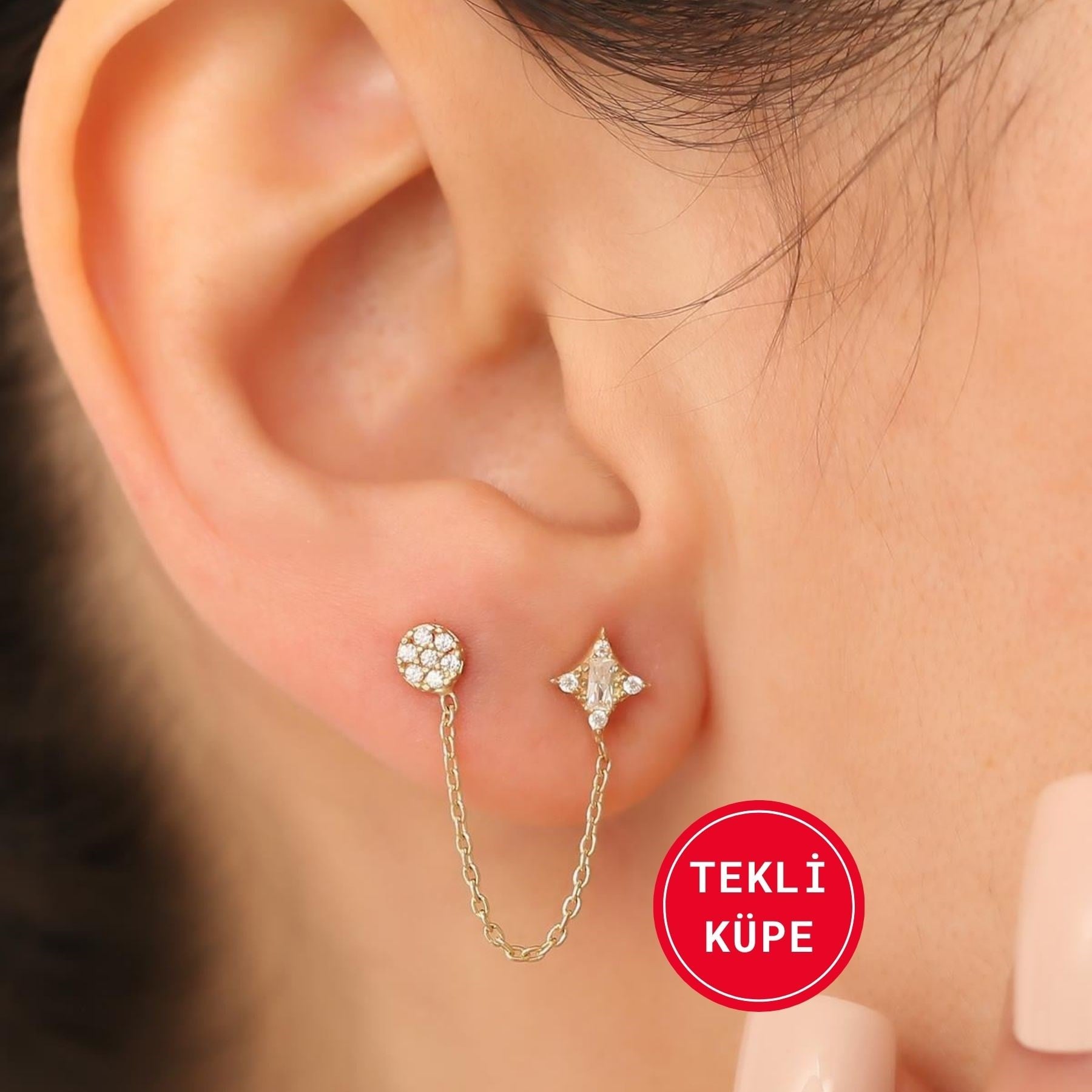 14 Ayar Altın Yuvarlak Estel Zincir Küpe Tekli