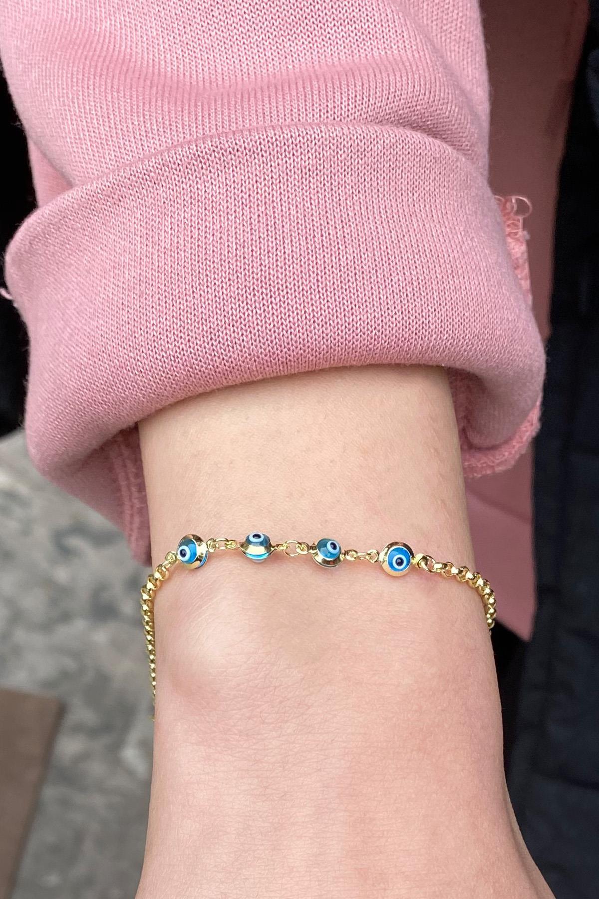 Altın Mavi Nazar Boncuklu Çocuk Bileklik