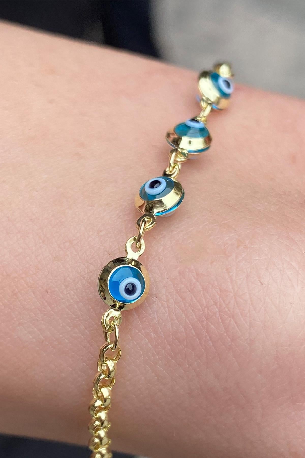 Altın Mavi Nazar Boncuklu Çocuk Bileklik