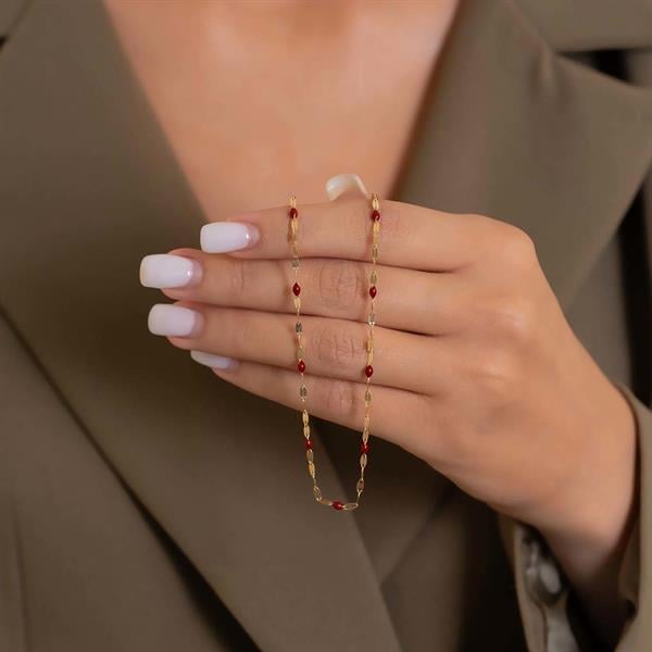 14 Ayar Altın Aynalı Kırmızı Mineli Kolye