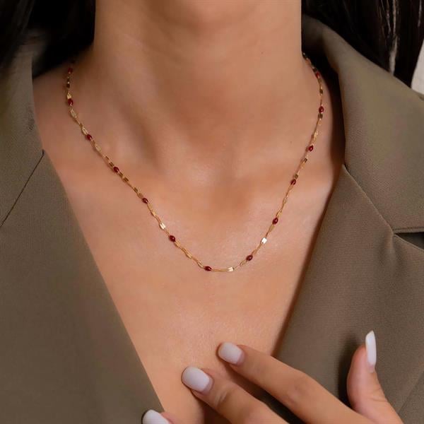 14 Ayar Altın Aynalı Kırmızı Mineli Kolye