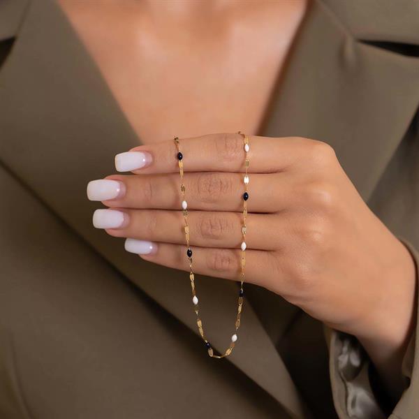 14 Ayar Altın Aynalı Zincir Siyah Beyaz Renkli Kolye