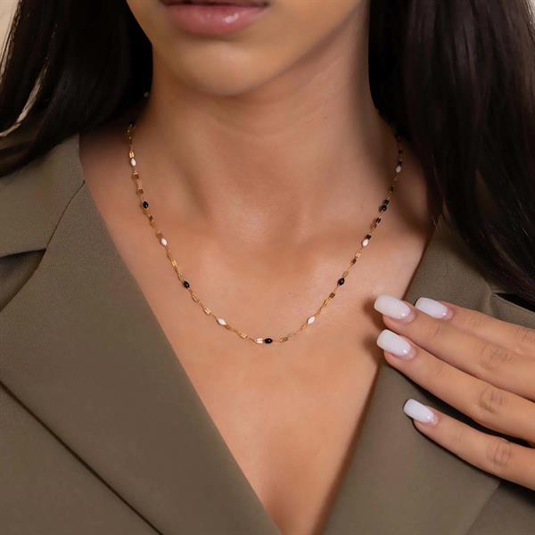 14 Ayar Altın Aynalı Zincir Siyah Beyaz Renkli Kolye