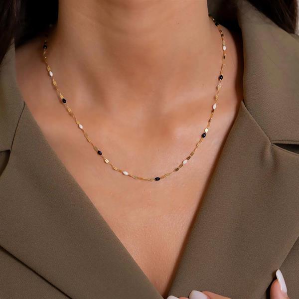 14 Ayar Altın Aynalı Zincir Siyah Beyaz Renkli Kolye