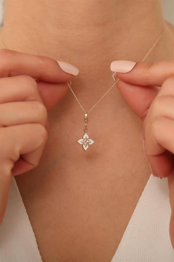 14K Solid Gold White Lotus Flower Necklace