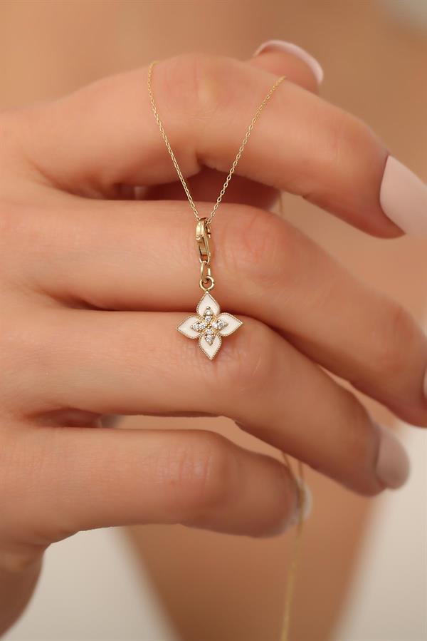 14K Solid Gold White Lotus Flower Necklace