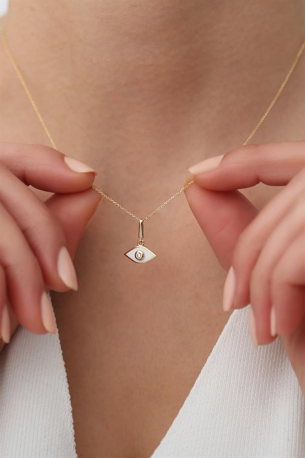 14 Ayar Altın Beyaz Mine Taşlı Nazar Boncuğu  Kolye