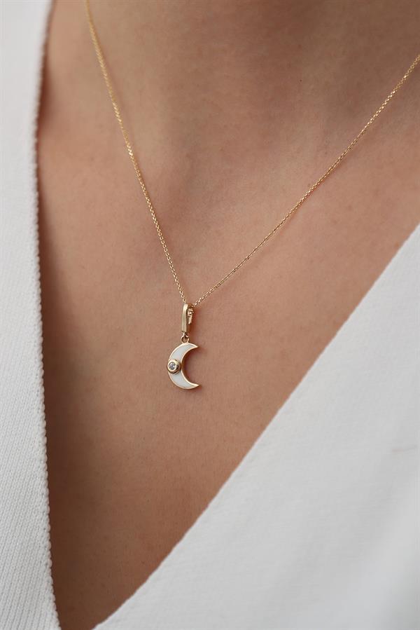 14 Ayar Altın Beyaz Mineli Minimal Ay Kolye