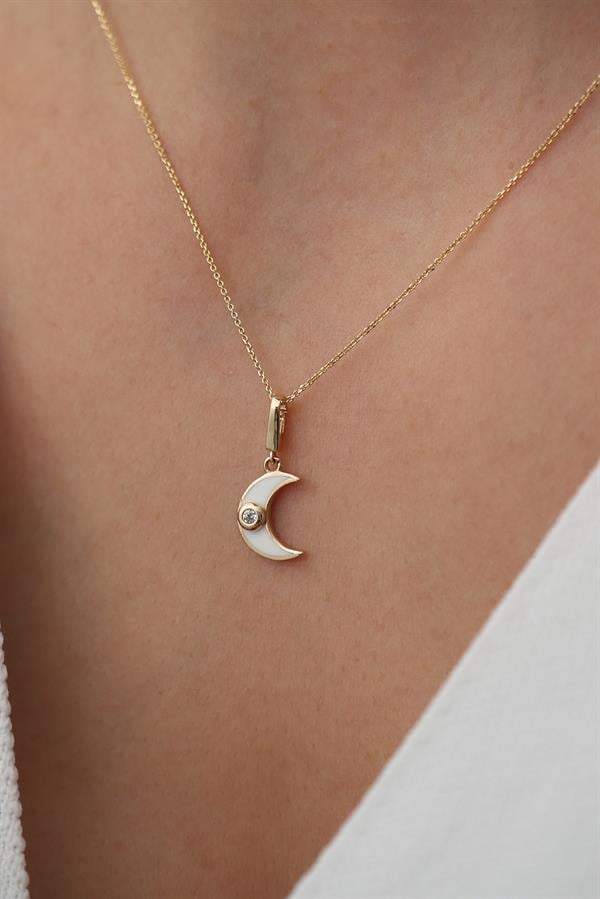 14 Ayar Altın Beyaz Mineli Minimal Ay Kolye