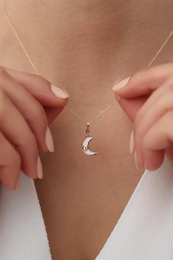 14 Ayar Altın Beyaz Mineli Minimal Ay Kolye