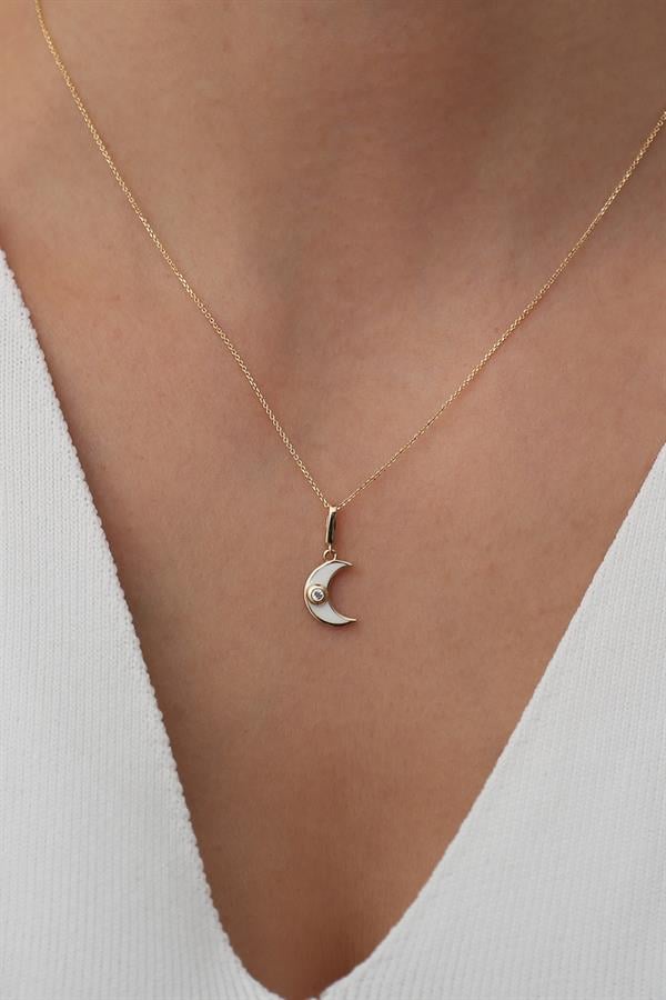 14 Ayar Altın Beyaz Mineli Minimal Ay Kolye