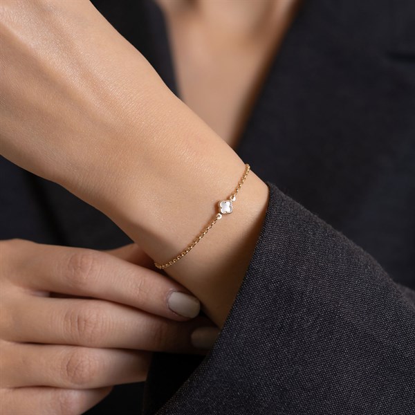 14 Ayar Altın Beyaz Yonca Bileklik 6 mm