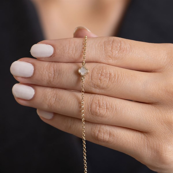 14 Ayar Altın Beyaz Yonca Bileklik 6 mm