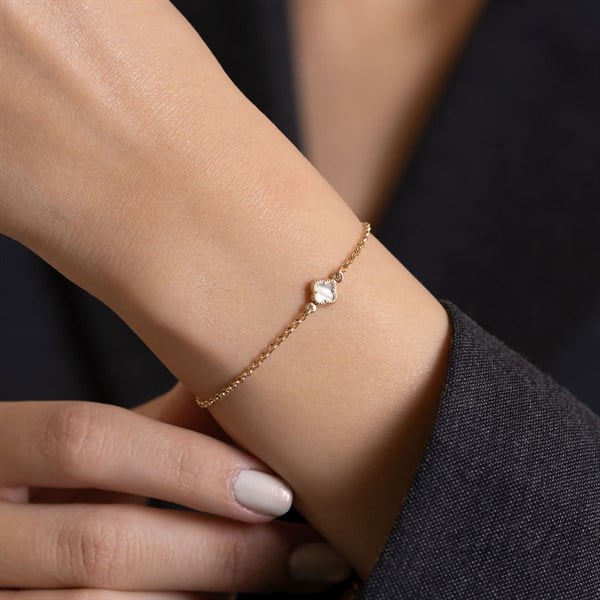 14 Ayar Altın Beyaz Yonca Bileklik 6 mm