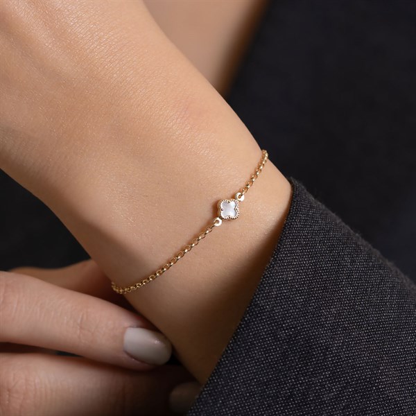 14 Ayar Altın Beyaz Yonca Bileklik 6 mm