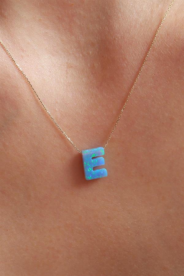 14 Ayar Altın E Harf Buz Mavisi Opal Taşlı Kolye