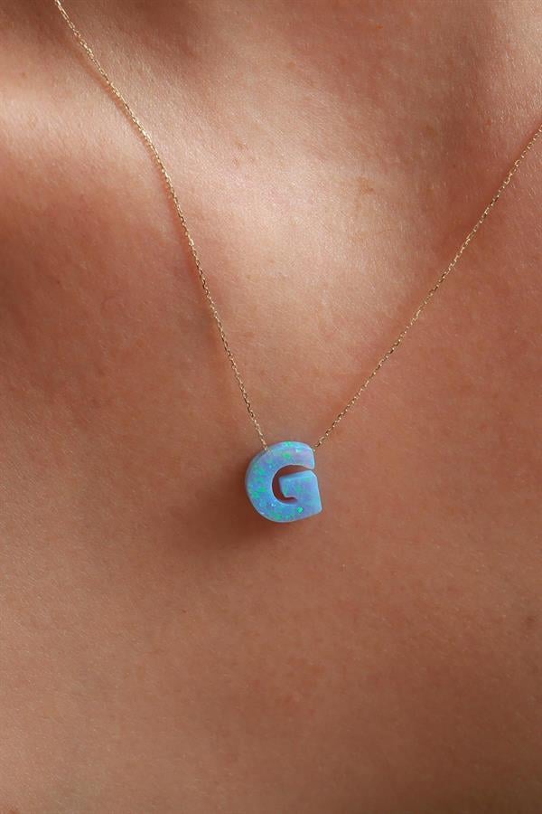 14 Ayar Altın G Harf Buz Mavisi Opal Taşlı Kolye