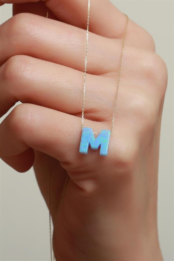 14 Ayar Altın M Harf Buz Mavisi Opal Taşlı Kolye