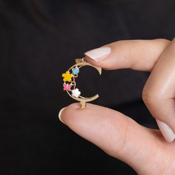 14 Ayar Altın Ç Harf Yarım Çiçekli Kolye Ucu