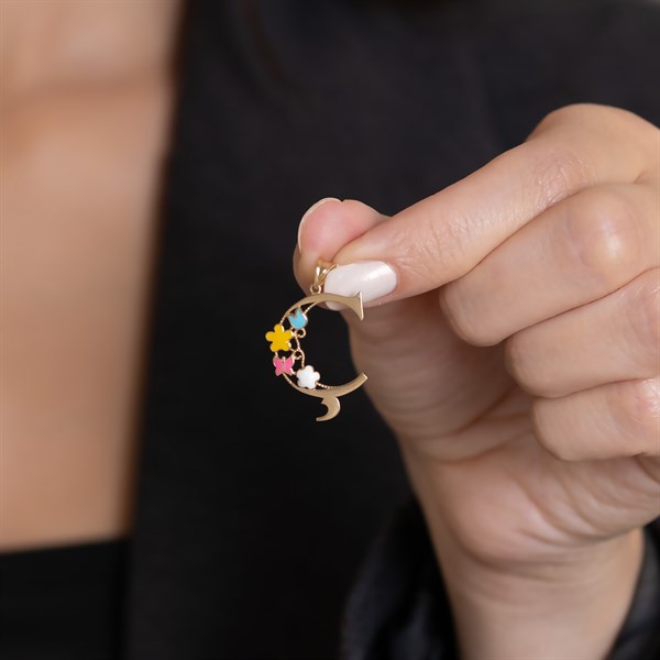 14 Ayar Altın Ç Harf Yarım Çiçekli Kolye Ucu